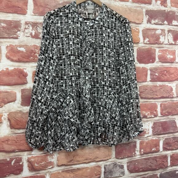Chicos Top Shirt Womens Medium Black White Plaid Abstract Ruffle Sheer Button Up - Picture 2 of 8